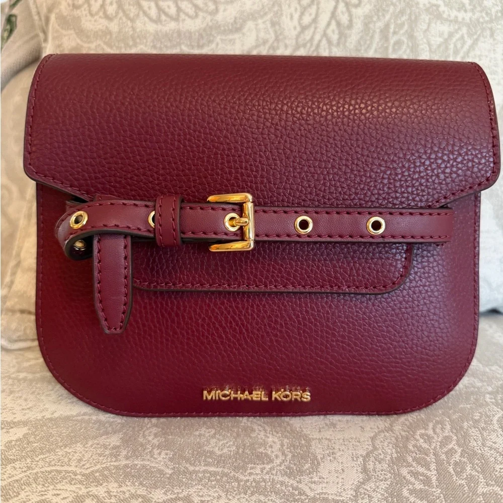 Michael Kors Emilia small saddle leather Oxblood Burgundy Crossbody Bag; New - Picture 1 of 7